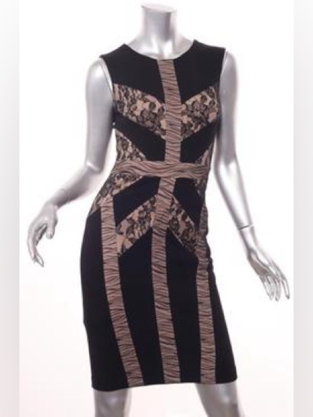 BCBG MAXAZRIA Sheath Dress, ABOVE KNEE RAINA Small BLACK BEIGE LACE size M